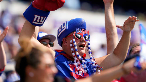 A Giants fan in the first half against the Carolina Panthers at MetLife Stadium on Sunday, Sept. 18, 2022, in East Rutherford.